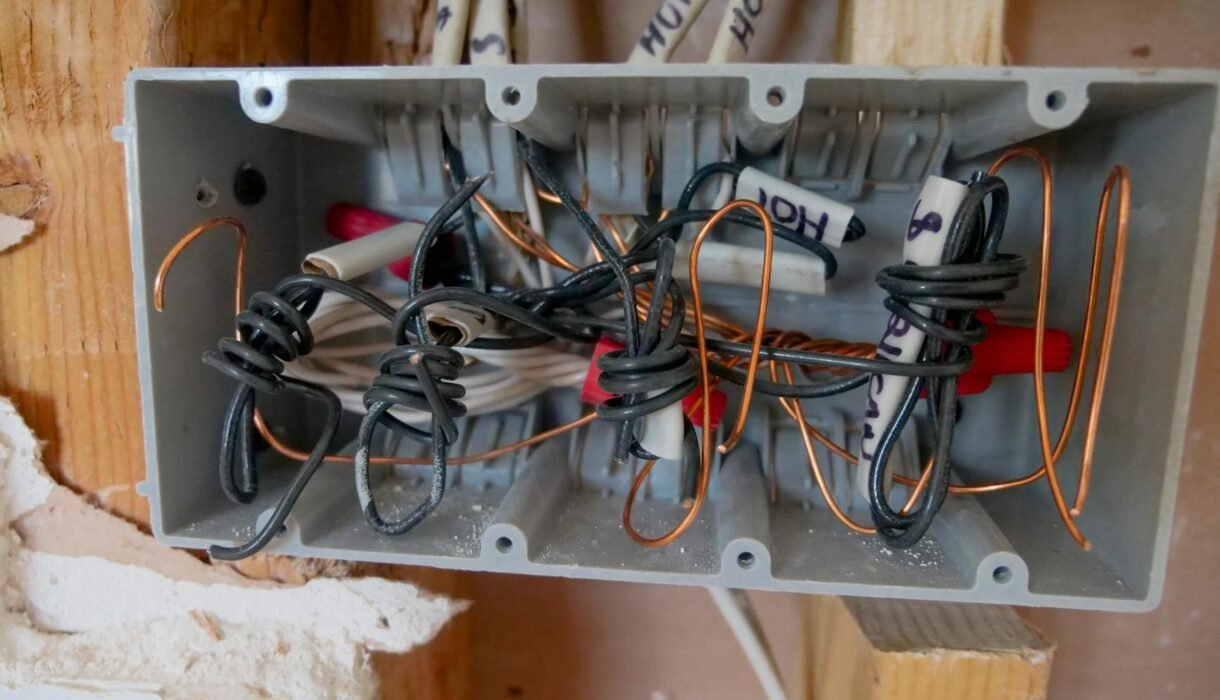 Detailed view of an open electrical switchboard with tangled wires and cables.
